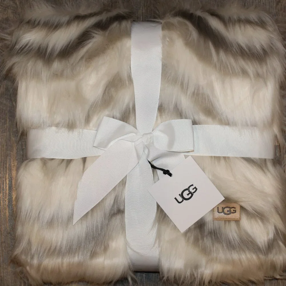 NWT UGG ROSIA FUR OVERSIZED THROW BLANKET‎ TAN GRAY 50 X 70